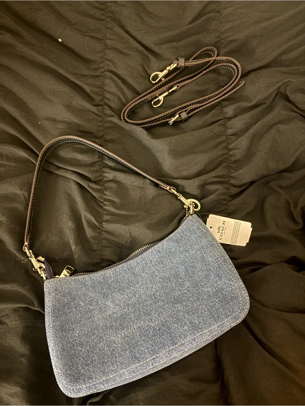 Coach Denim Mini Zip Shoulder Bag - Dark Blue with Silver Hardware
